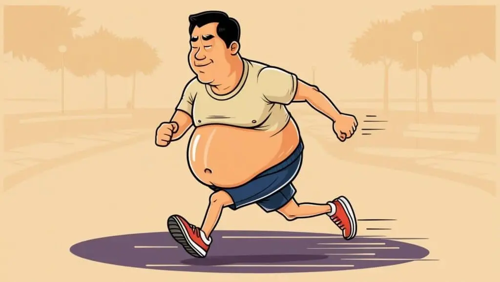 Humorous illustration of a man jogging with a dad bod physique